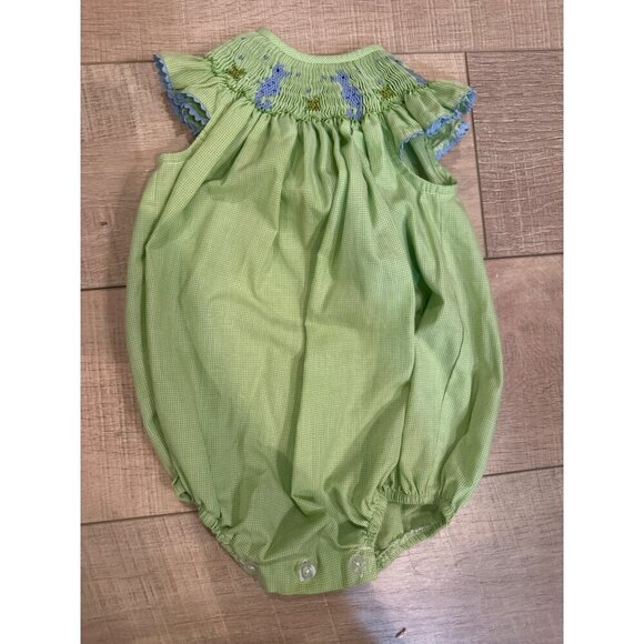 Beth Terrell Infant Green Gingham Romper With Embroidered Seahorses 12 month - Picture 1 of 5